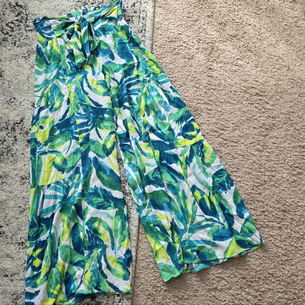 True Destinations Tropical Wideleg Pants Preppy Floral Boho Womens XS Green Blue